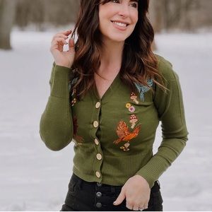 Voodoo Vixen Forest Fly-By Embroider Cardigan Green Flower Mushroom Bird XL NWT